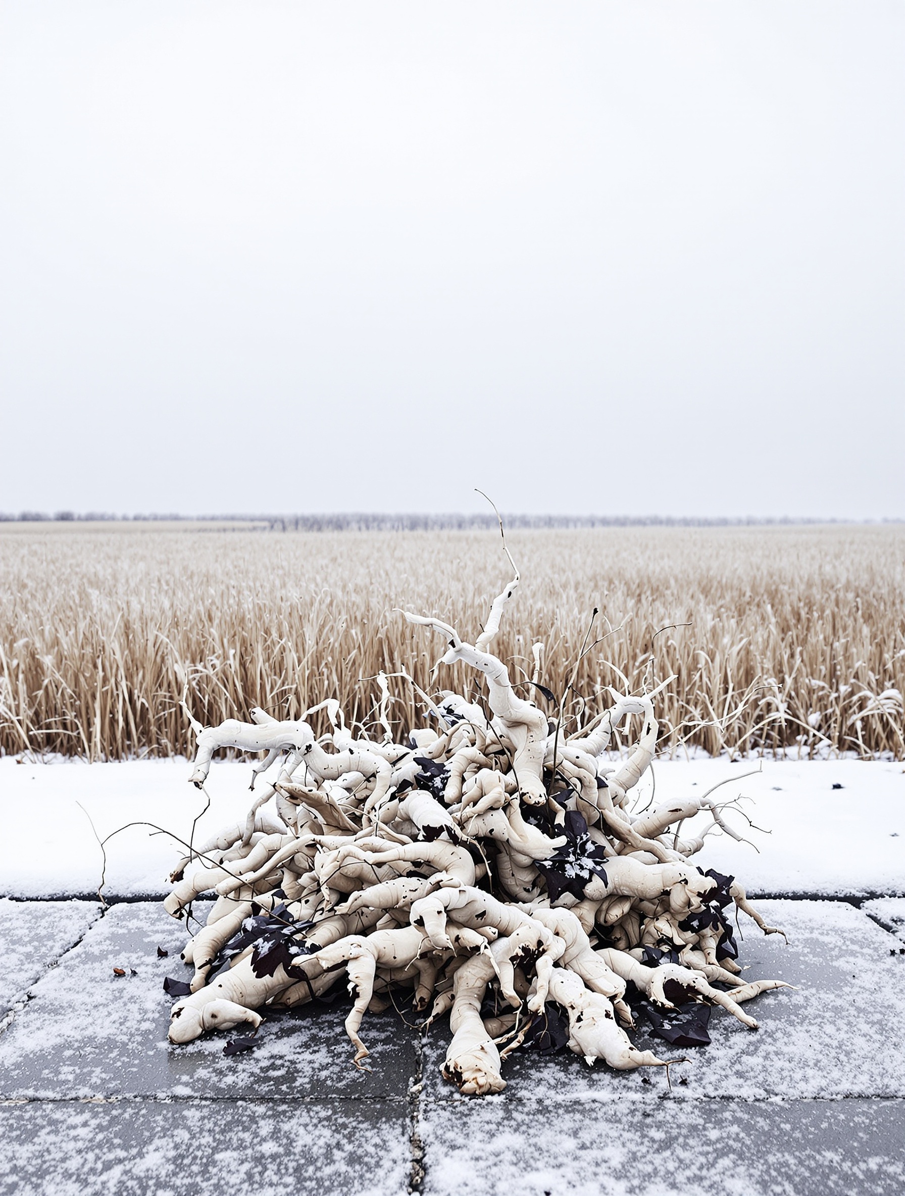 Gnarled orris rhizomes on frozen stone with a frost-covered rye field behind, evoking Midwinter Storm by Folkwinds.