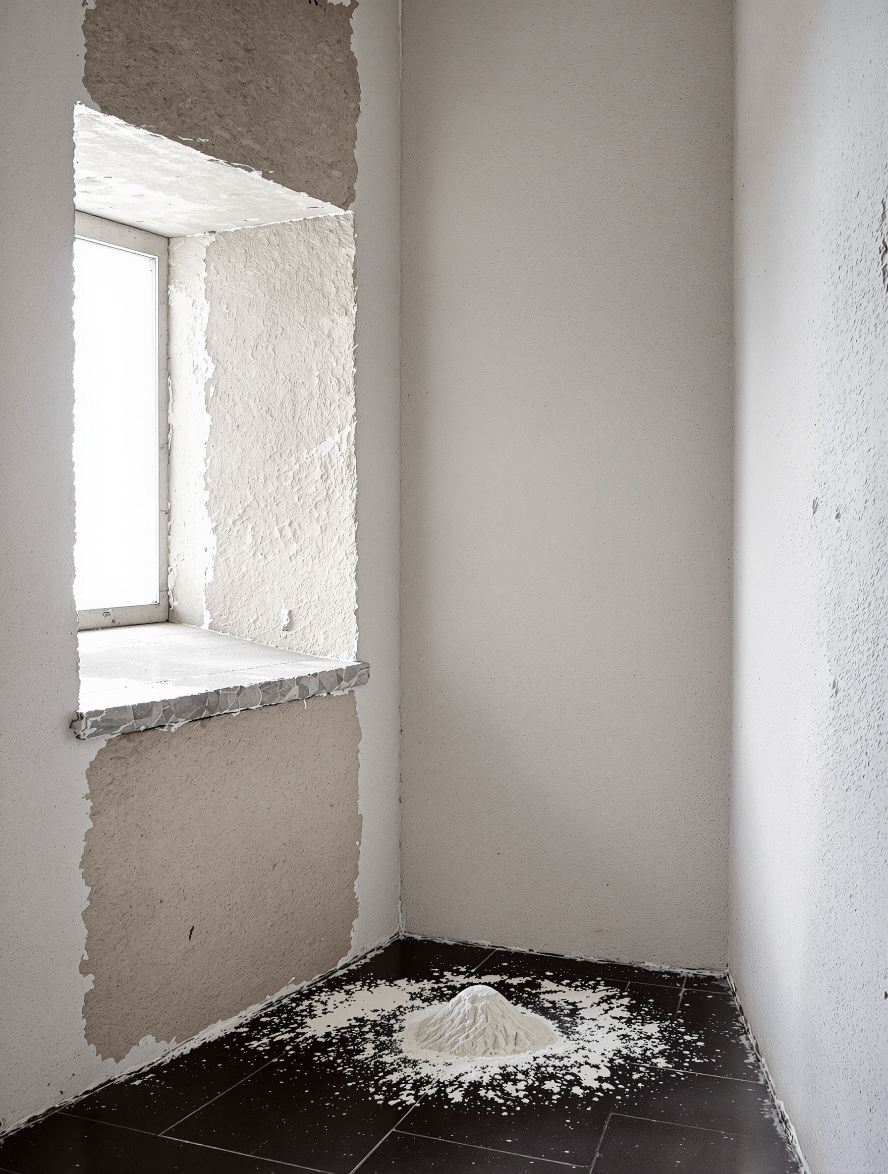 A clay bowl of orris root powder on a stone shelf in a dim Nordic cellar, lit by cold window light, evoking Midwinter Storm by Folkwinds.