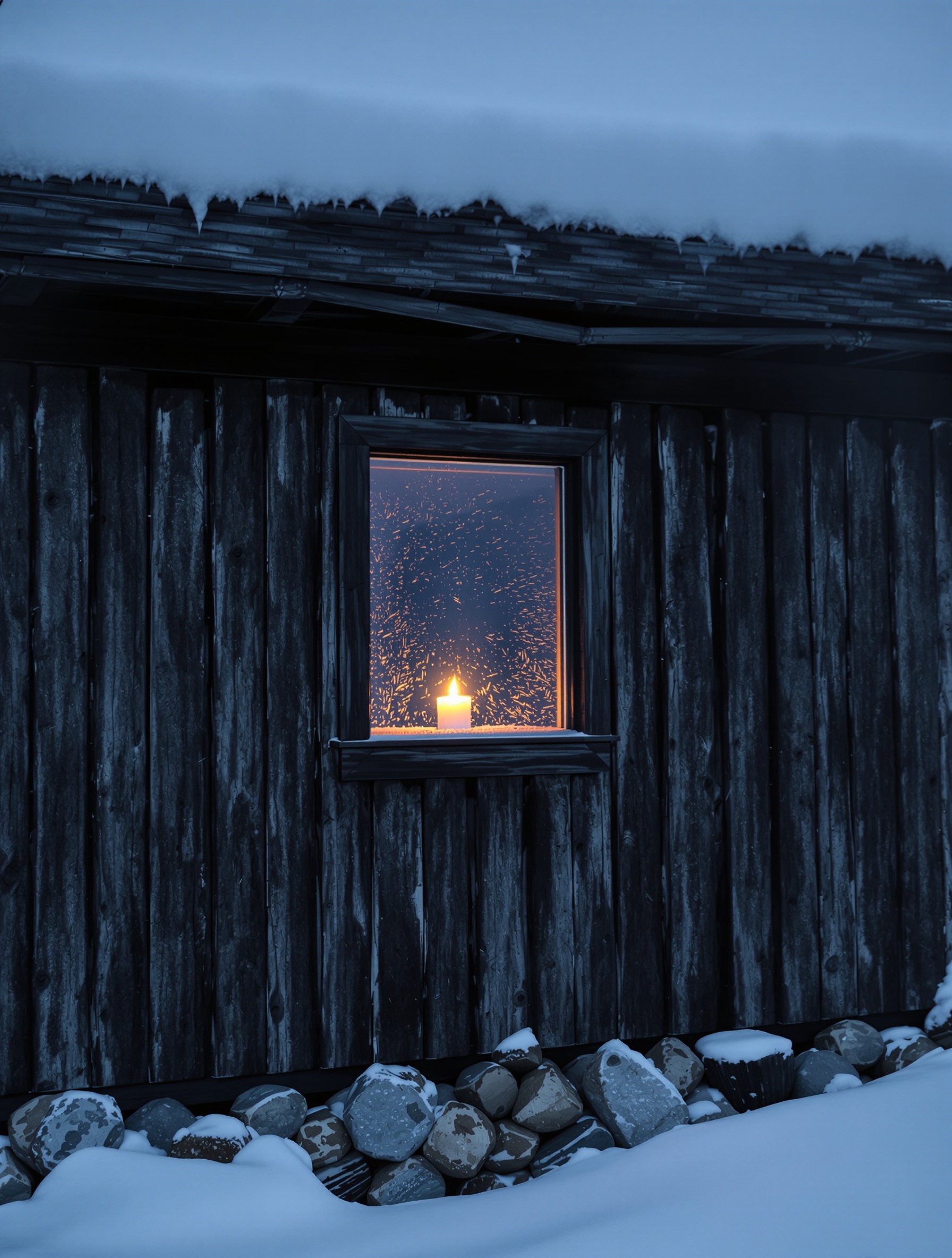 A frost-etched longhouse window with a single candle glowing inside while a blizzard rages outside, the world of Midwinter Storm by Folkwinds.