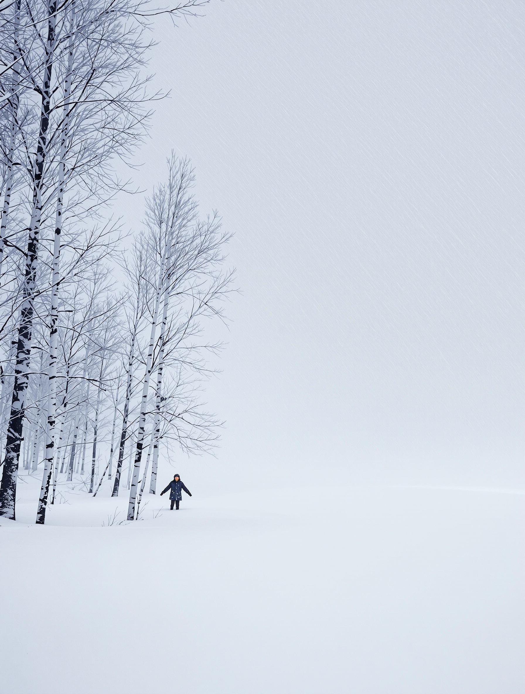 A solitary distant figure facing a white obliterating blizzard in an open northern field, the world of Midwinter Storm by Folkwinds.