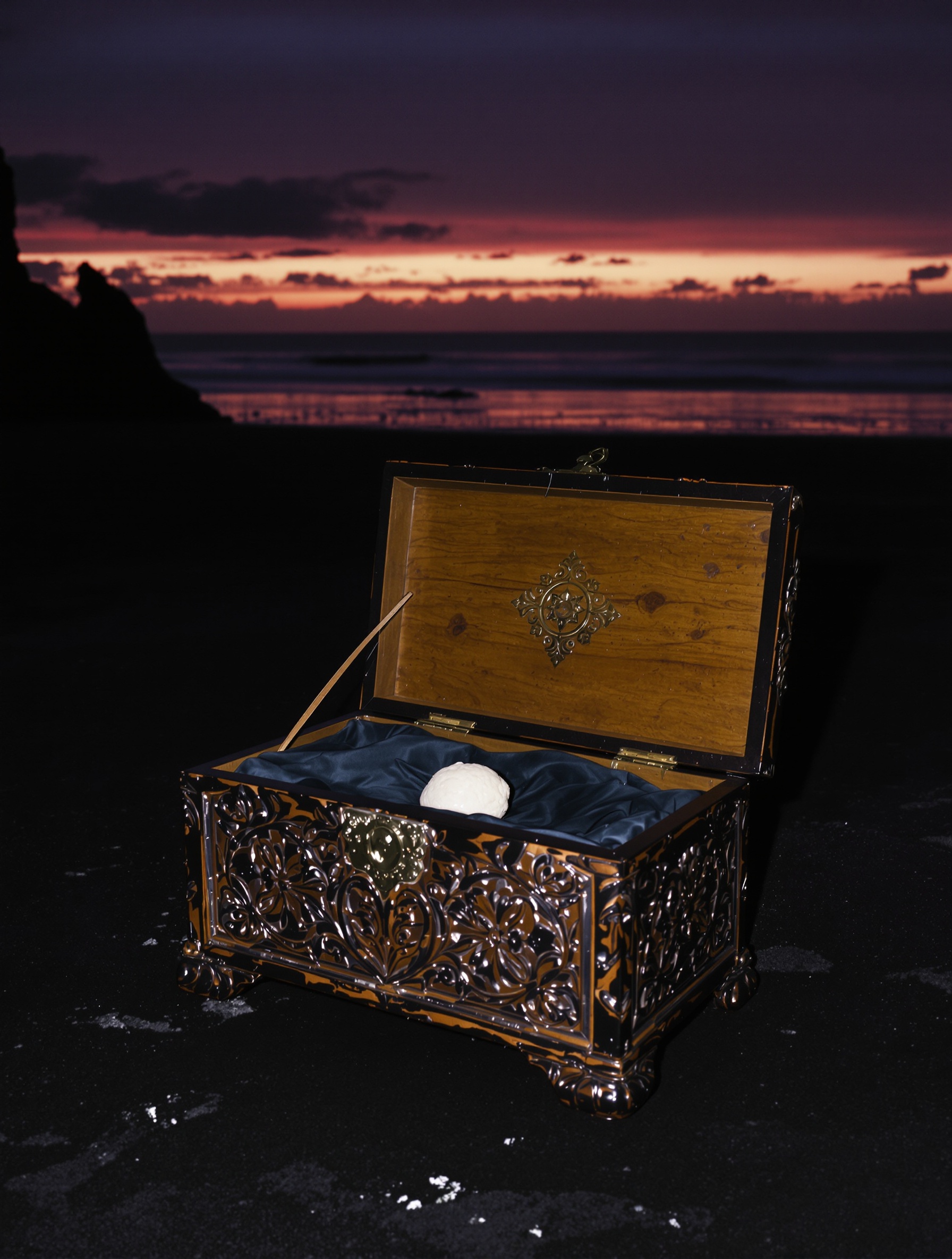 A weathered carved wooden chest open on black volcanic sand at twilight holds a pale grey ambergris lump on dark silk, the violet horizon stretching vast and quiet behind it.