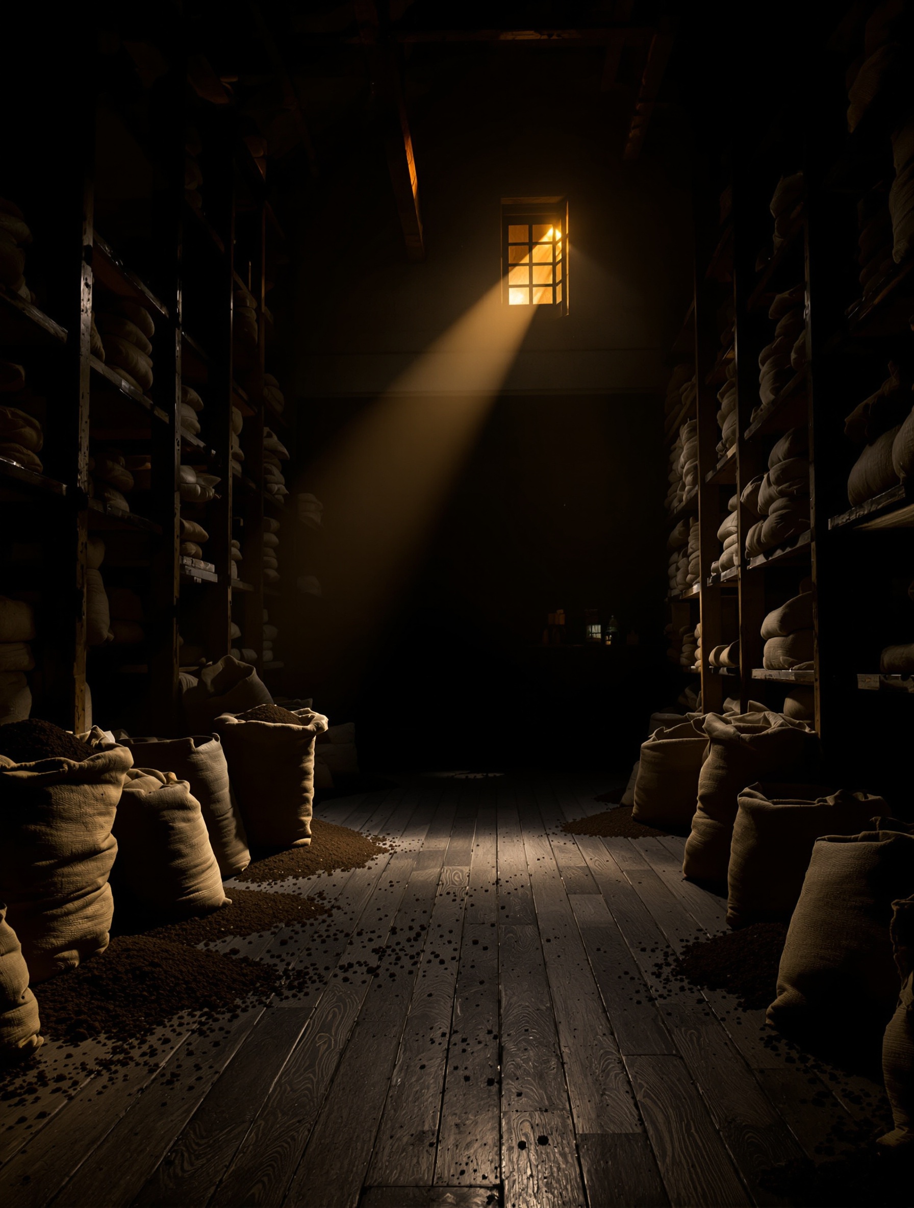 A dim tropical oud warehouse with sacks of resin chips and a single beam of amber light captures the aged material soul of Jamaican Ambergris Purple Sultani.