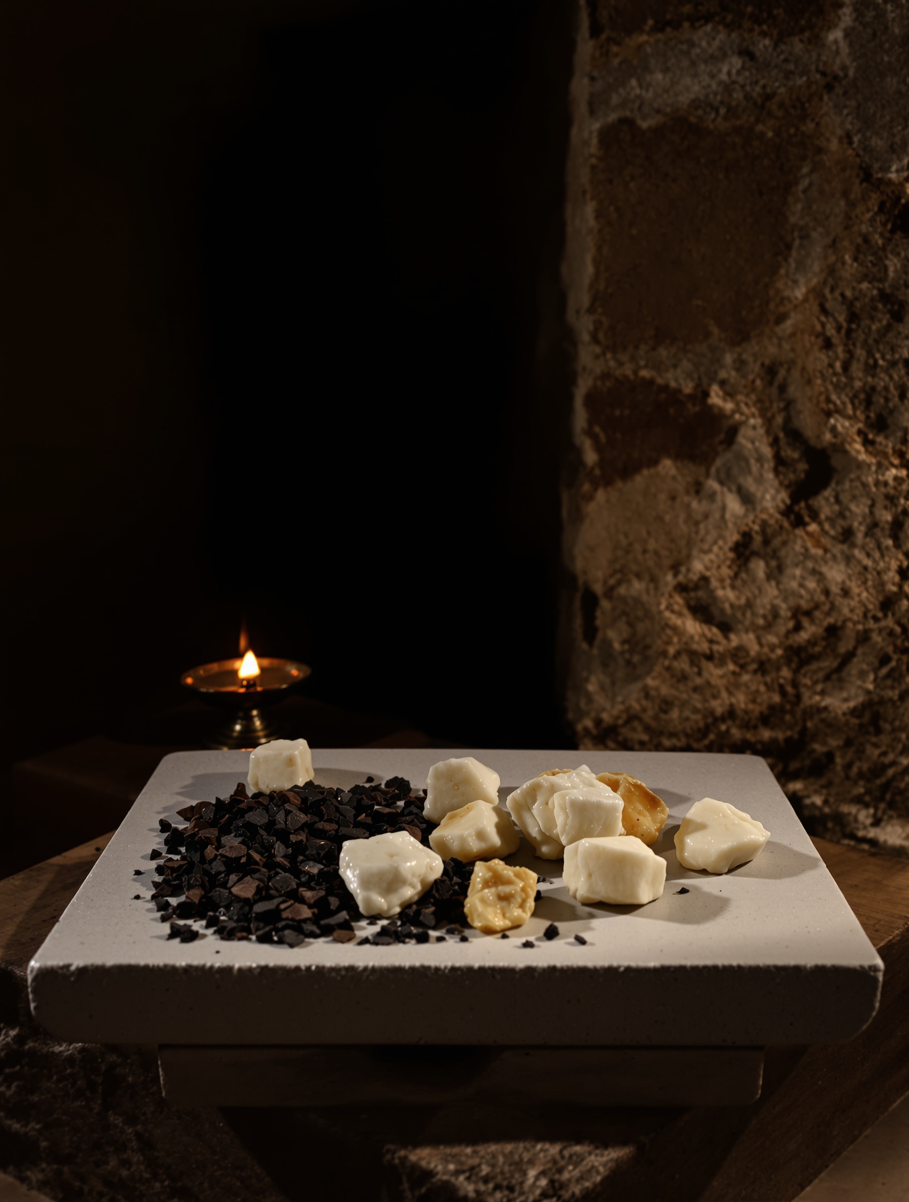 A stone tray of raw grey ambergris and dark oud chips in candlelit sidelight distills the material heart of Jamaican Ambergris Purple Sultani.