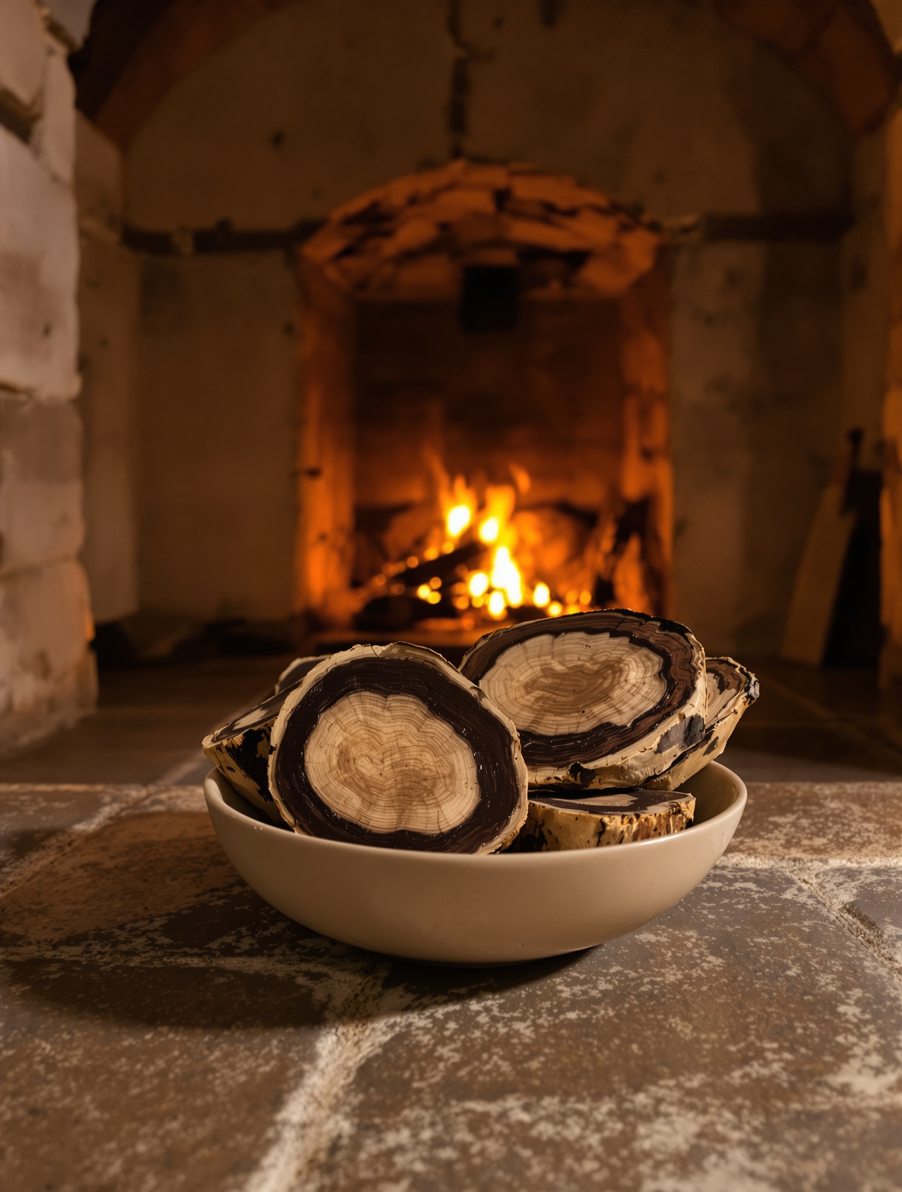 Cross-sectioned agarwood pieces in a ceramic bowl glow amber under genuine firelight inside a dark stone chamber.