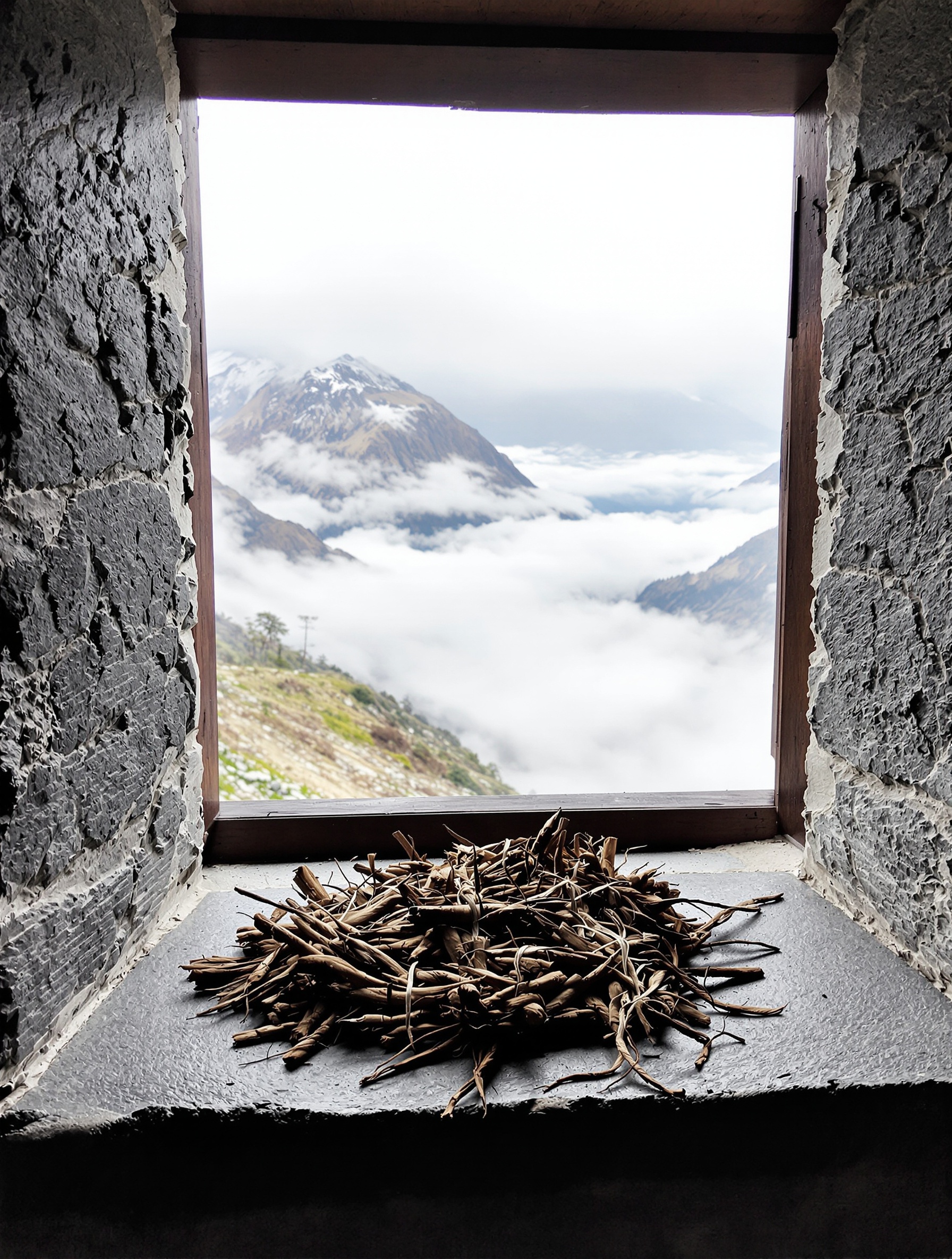 Dried spikenard roots resting on a high monastery windowsill above a cloud-filled Himalayan valley, echoing the ancient medicinal register of Oud Sultani Kannan Koh.