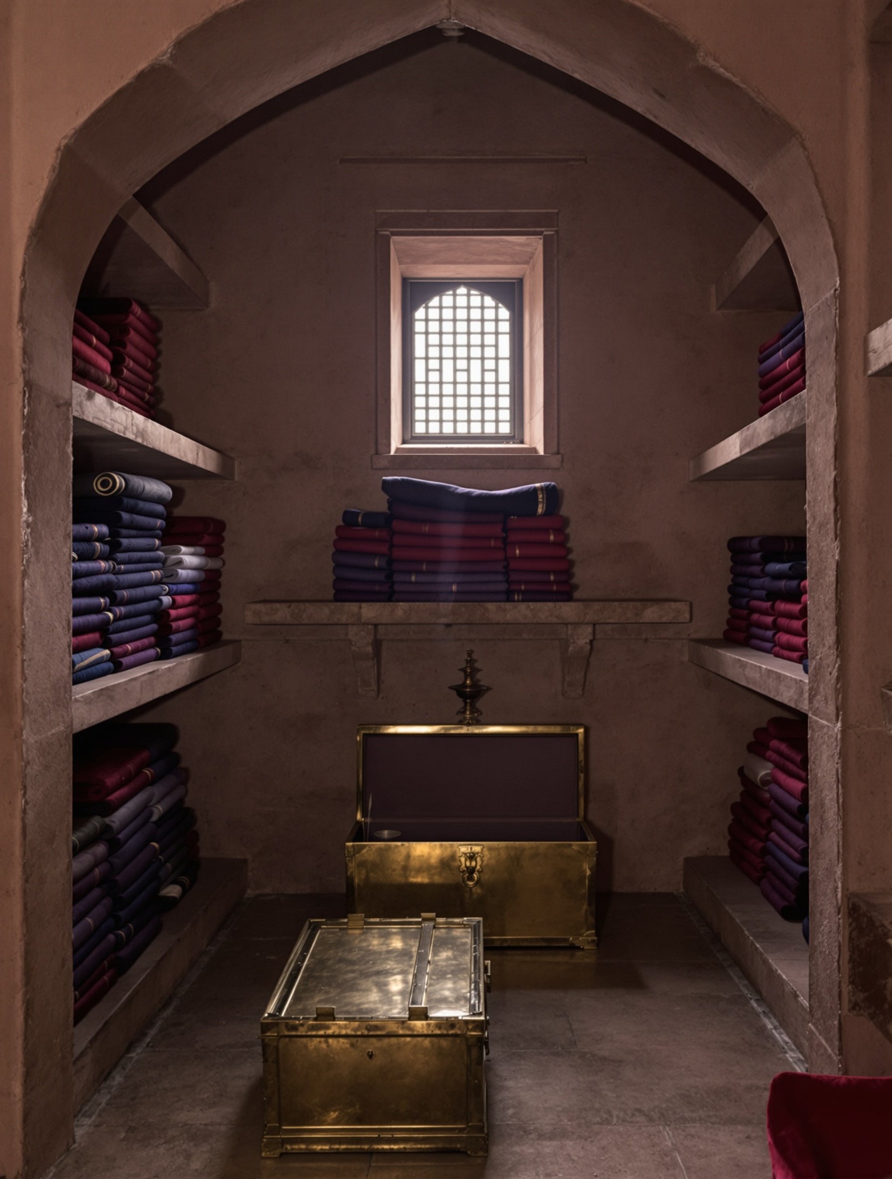 A dim Mughal stone treasury chamber with aged indigo silk and a rising thread of incense smoke, embodying the funerary opulence of Oud Sultani Kannan Koh.