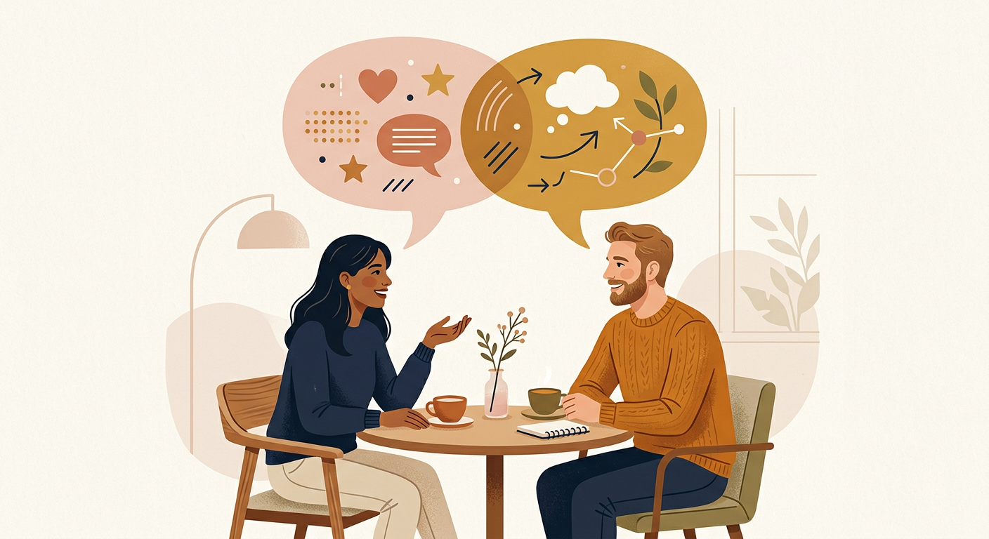 A modern, tasteful illustration of two overlapping speech bubbles above a couple seated at a table, warm colors like amber...