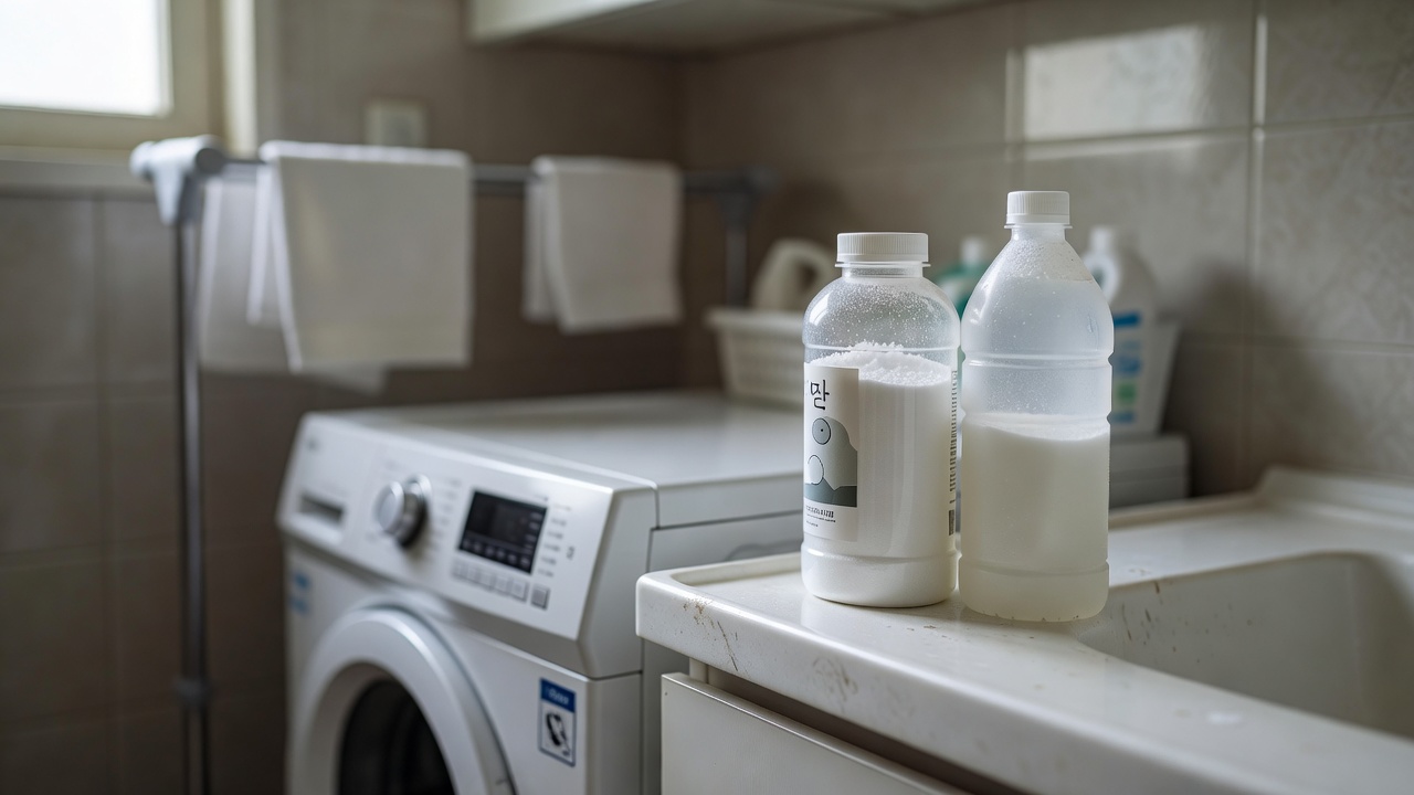 baking soda and white vinegar bottles placed next to a washing machine in a home laundry room