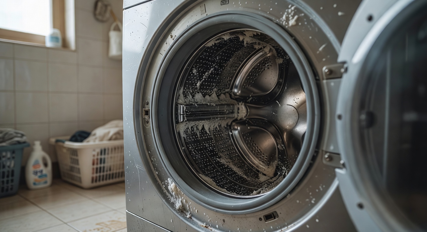 front-loading washing machine drum interior with visible residue buildup, laundry room background