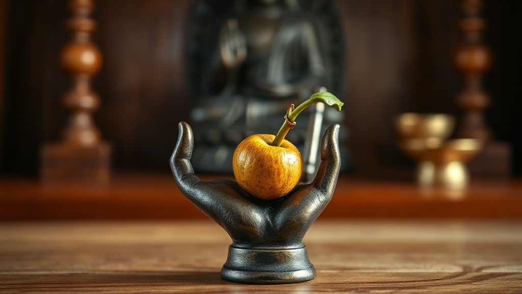 Close-up of a bronze Buddha statue hand in varada mudra holding a myrobalan fruit, on a wooden altar