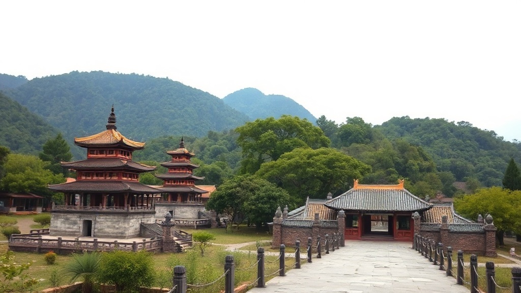Vue d'ensemble du temple de Yunju dans les monts Fangshan, avec ses pagodes et collines boisées en arrière-plan