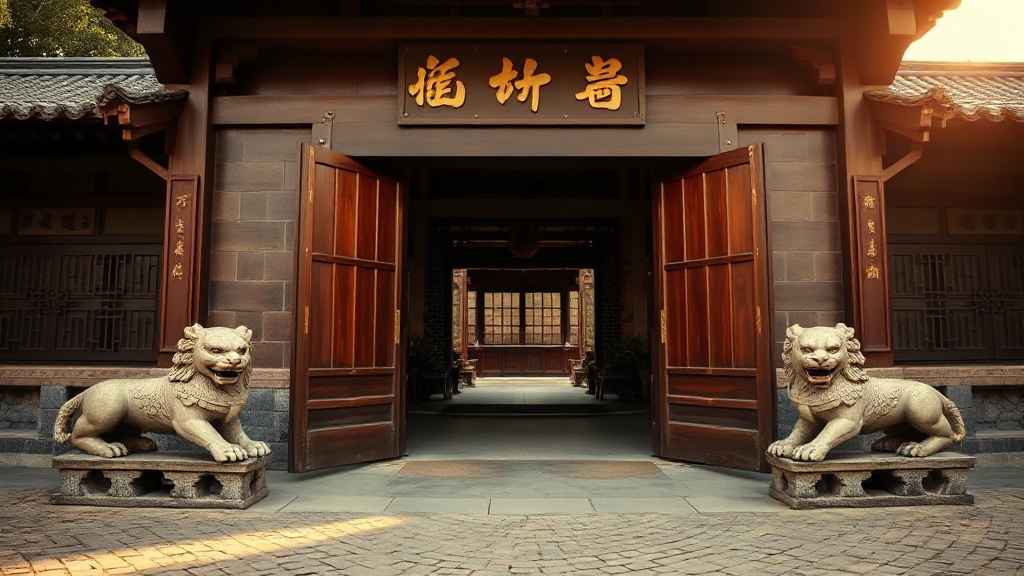 Porte d'entrée du temple Kaiyuan de Fuzhou, avec gardiens en pierre et portes en bois laqué