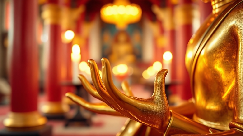 Détail des mains d'une statue bouddhiste dorée en mudra de méditation dans la grande salle du temple