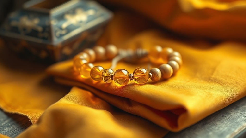 Handcrafted citrine gemstone bracelet beside wooden mala beads on a saffron silk cloth