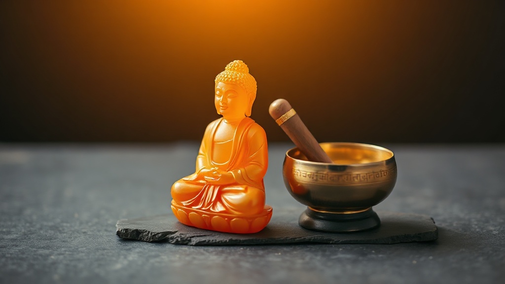 Carved citrine Buddha figurine beside a small brass singing bowl on a dark slate surface