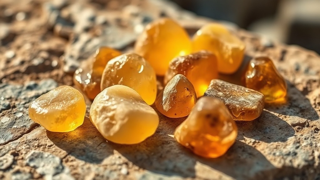 Raw and tumbled citrine stones in pale yellow and amber tones on a natural stone surface