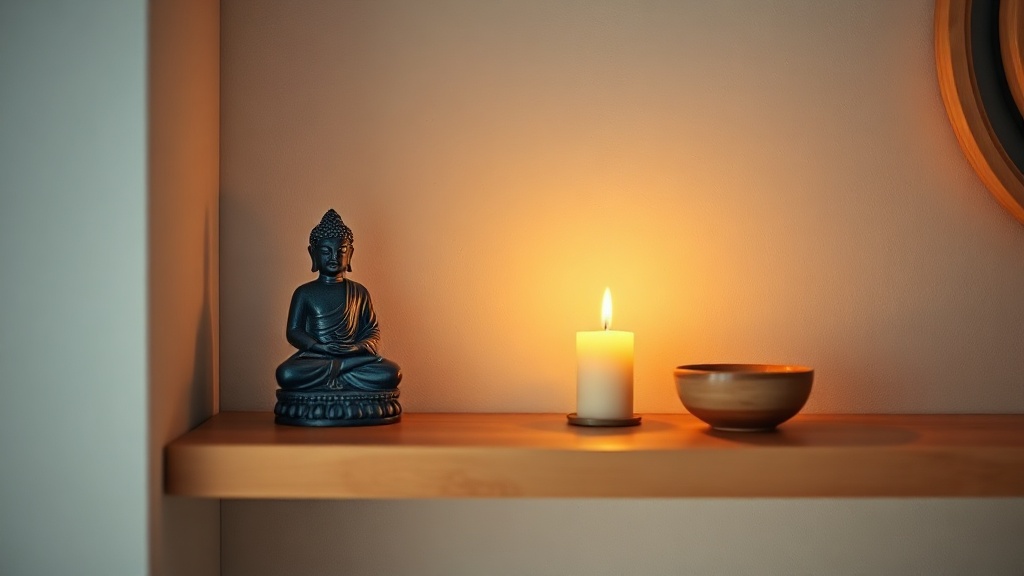 Small Medicine Buddha ceramic figure on a wooden meditation shelf beside a lit candle and ceramic bowl