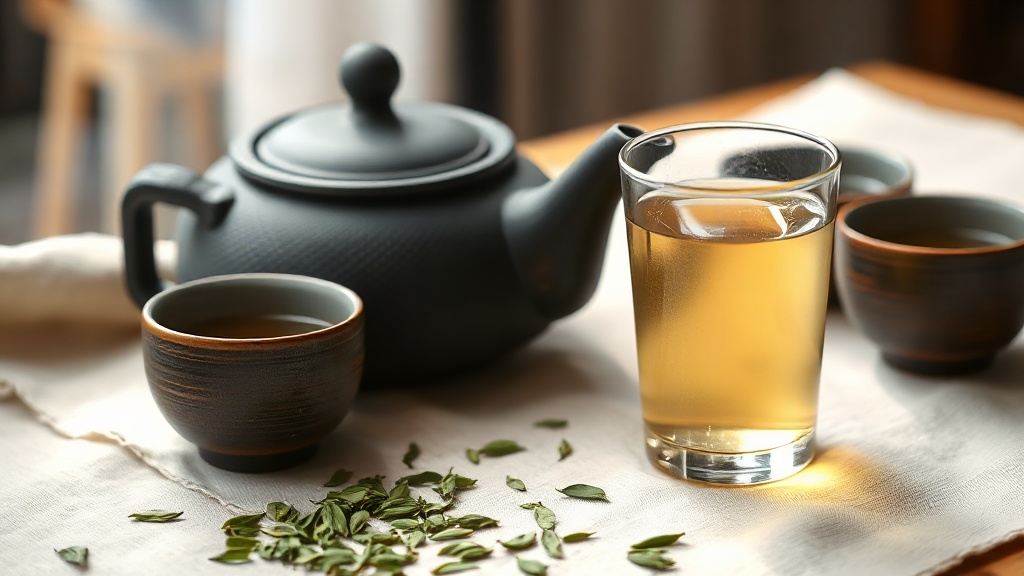 Théière en fonte japonaise à côté d'une tasse de thé vert clair prêt à déguster