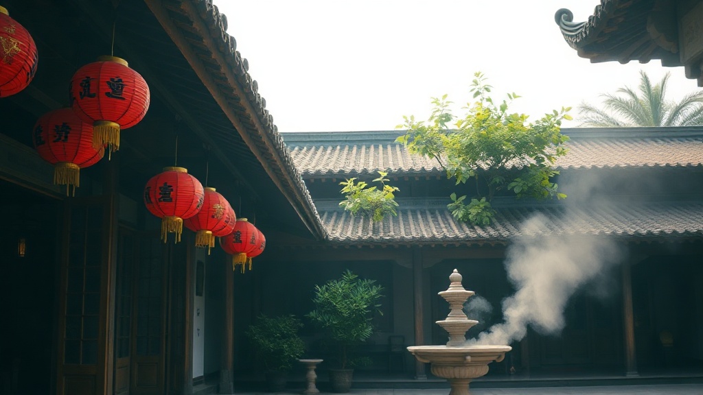 Cour intérieure du temple Kaiyuan de Fuzhou avec lanternes rouges et brûle-encens en pierre