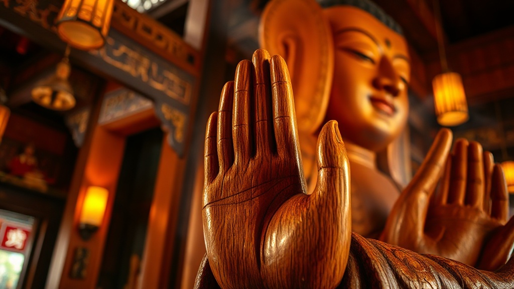 Détail des mains sculptées en bois de santal de la statue de Maitreya dans le pavillon Wanfu Ge du temple de Yonghe