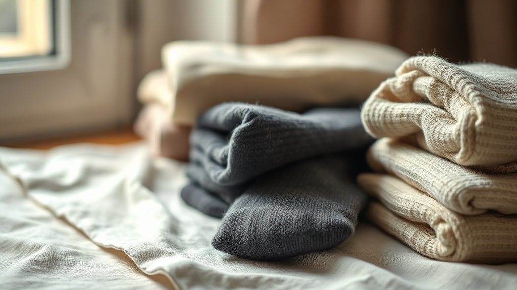 Close-up of folded cashmere socks in cream and charcoal on a linen cloth, showing fine-knit rib texture