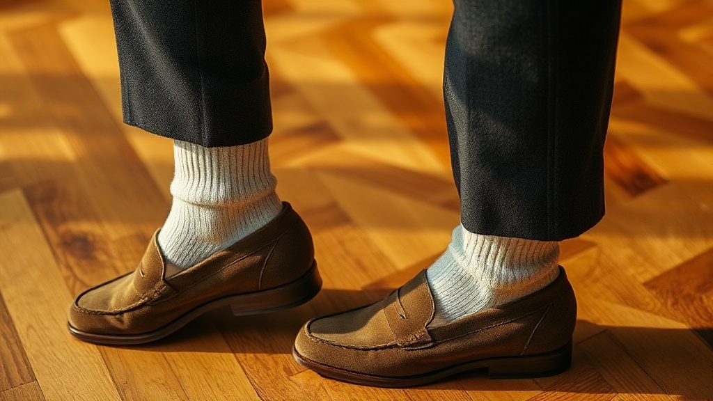 Lower legs in tapered charcoal trousers, ivory cashmere socks and suede loafers on a parquet floor