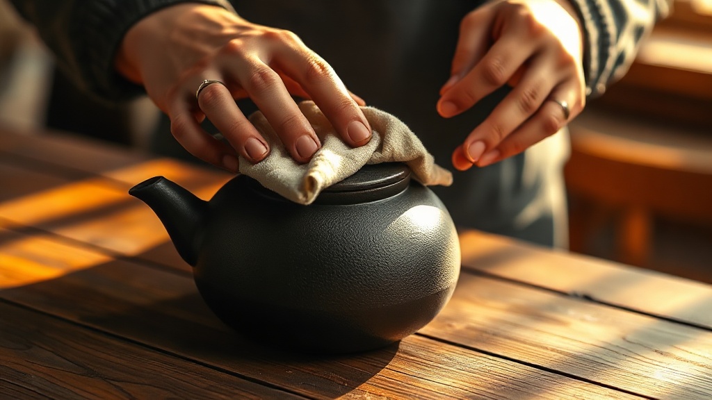 Entretien d'une théière en fonte japonaise essuyée à la main avec un chiffon doux