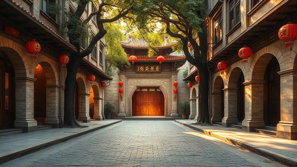 La rue Xi Jie à Quanzhou menant au temple Kaiyuan, bordée de maisons à arcades traditionnelles