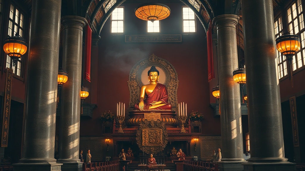 Intérieur du Daxiong Baodian, grande salle principale du temple Kaiyuan avec les cinq Bouddhas en or
