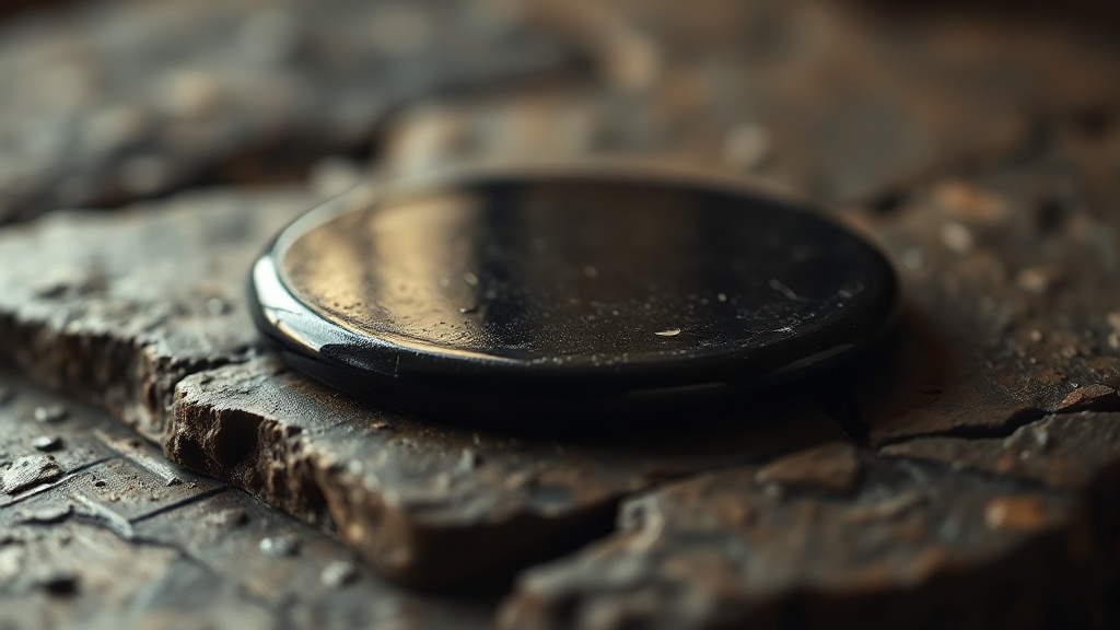 Polished black obsidian disc reflecting light on a dark stone surface, recalling ancient scrying mirrors