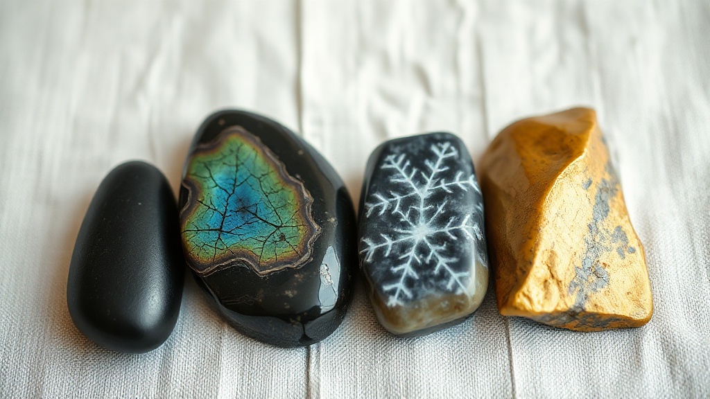 Four varieties of obsidian stones, black, rainbow, snowflake, and gold sheen, arranged on a linen cloth
