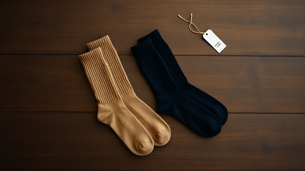 Overhead flat-lay of camel and navy cashmere socks on dark oak surface, soft warm light