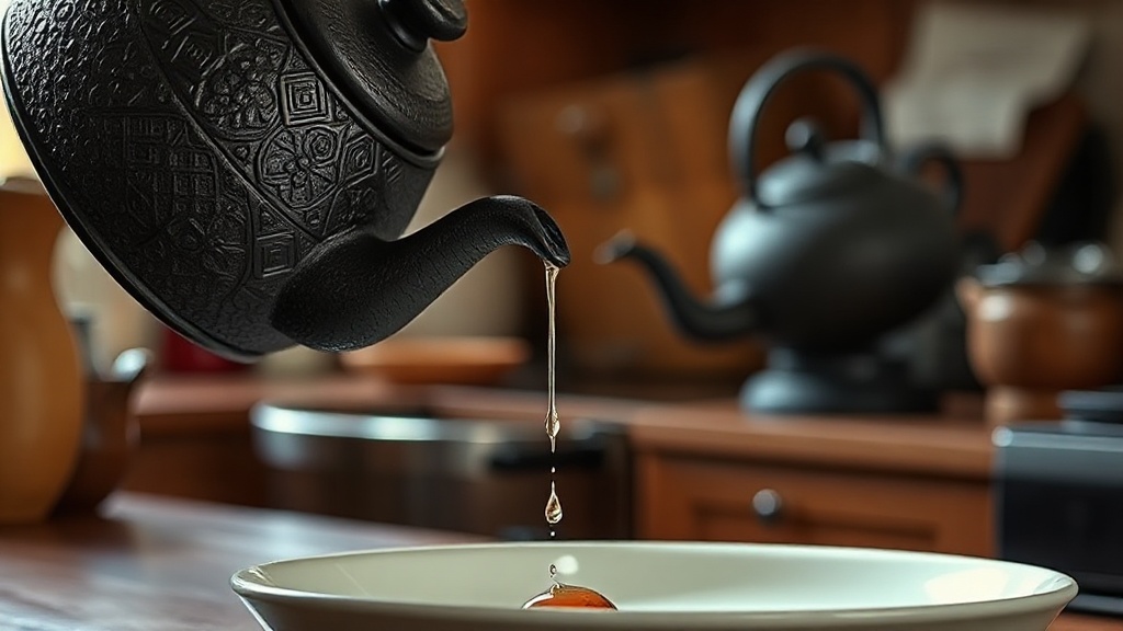 Théière en fonte versant du thé avec une petite goutte au bec verseur