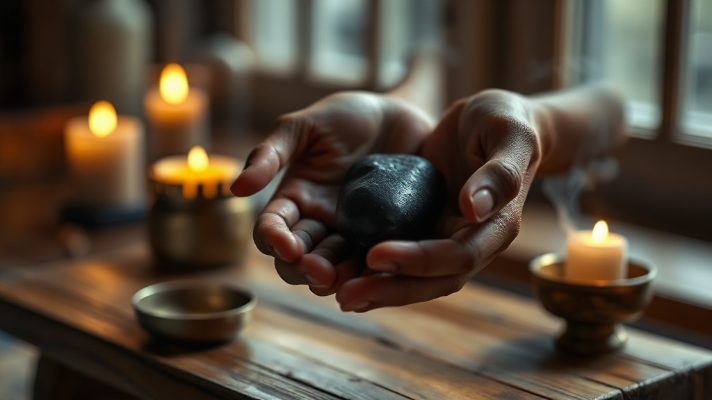 Hands holding a tumbled black obsidian stone over a wooden meditation altar with incense smoke in the background