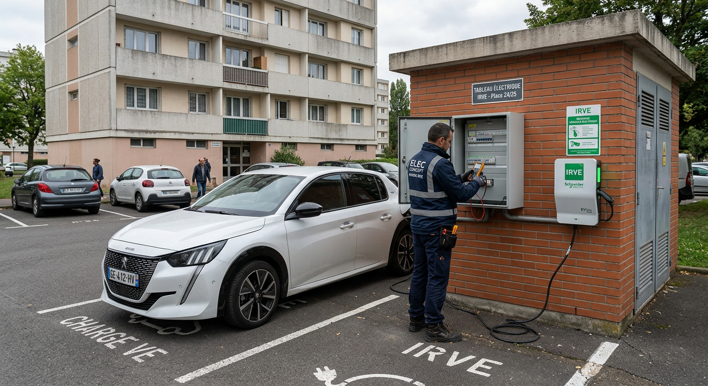Borne de recharge électrique IRVE installée sur une place de parking d'un logement social, avec un installateur contrôlant le tableau électrique.