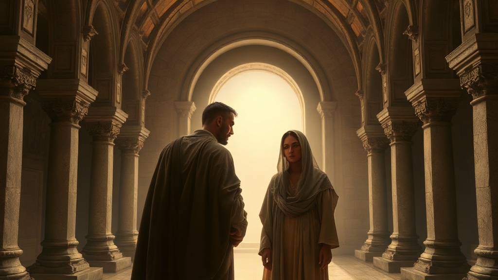 A contemplative religious scene of a devoted couple walking through trial toward restoration