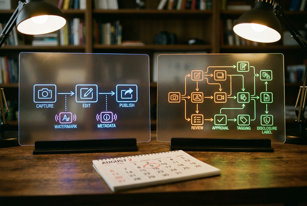 A split-screen visualization showing two music video workflows side by side — one labeled 'Before August 2026' showing a simple upload arrow to YouTube, the other labeled 'After August 2026' showing the same upload path but with added checkpoints for watermarking, metadata embedding, and visible labeling, modern infographic style with neon blue and orange accents