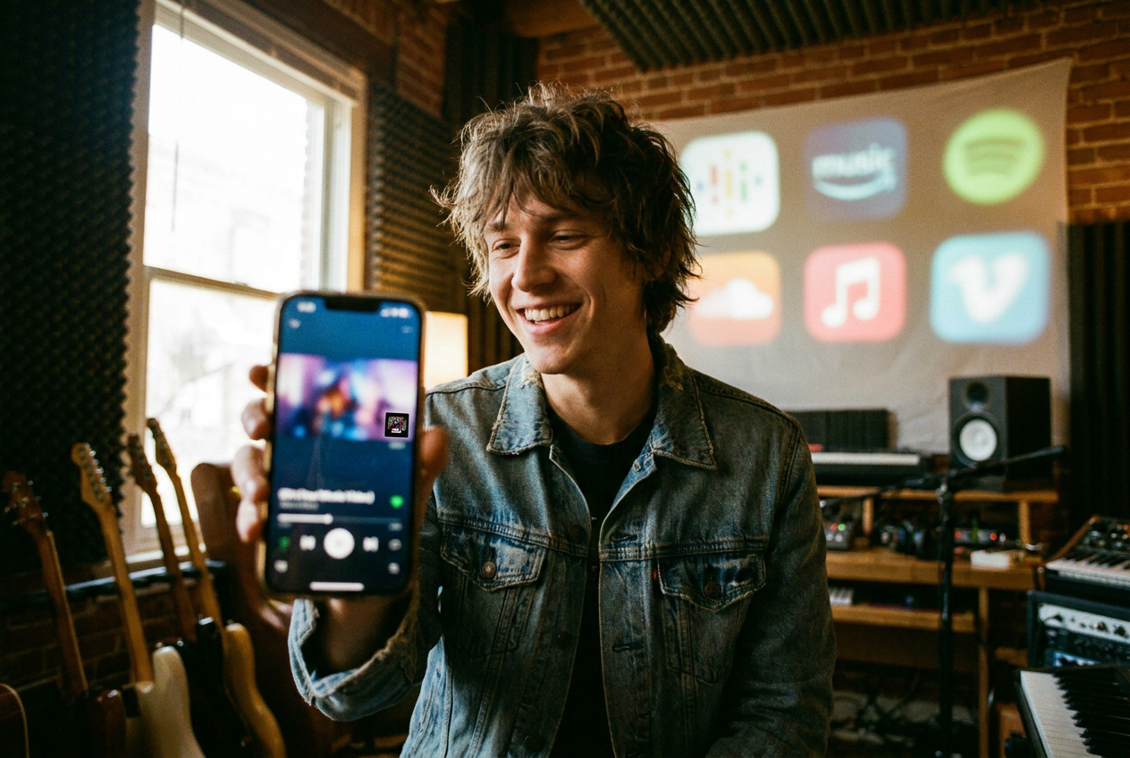 A musician confidently holding up a smartphone showing a music video with a small translucent 'AI' badge in the corner, standing in front of a wall of streaming platform logos including YouTube Spotify and TikTok, bright confident expression, modern creative studio setting with plants and warm lighting