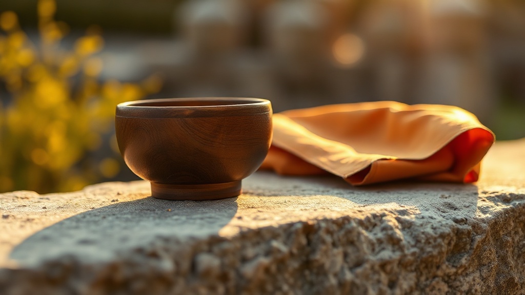 Bol de méditation en bois et robe safran posés sur une pierre, symboles du mode de vie bouddhiste