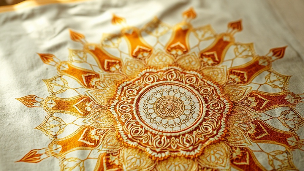 Peinture de mandala tibétain aux motifs géométriques dorés sur parchemin, représentant les six royaumes bouddhistes