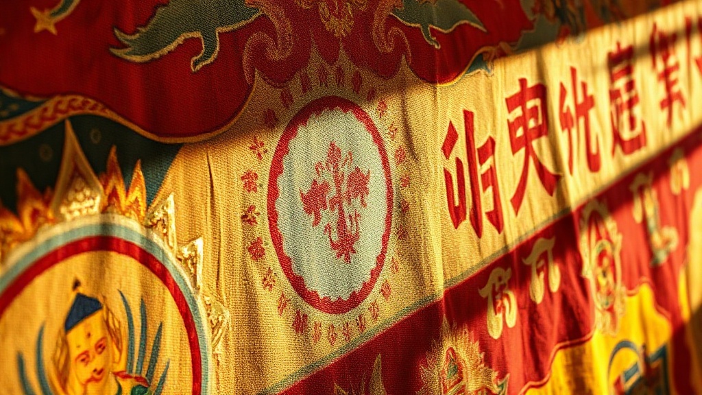 Détail d'une thangka tibétaine aux couleurs vives sur toile ancienne, symboles bouddhistes