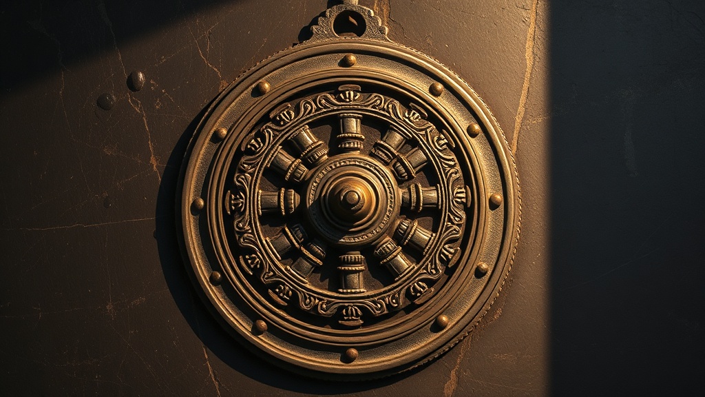 Roue du Dharma en bronze aux huit rayons, symbole universel du bouddhisme