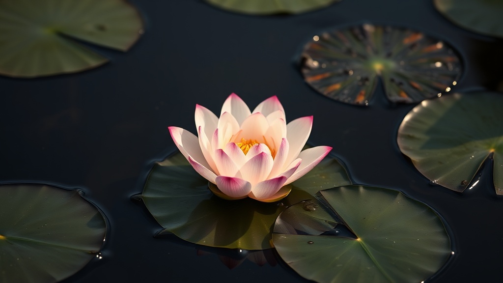 Fleur de lotus rose sur l'eau, symbole d'éveil spirituel dans le bouddhisme