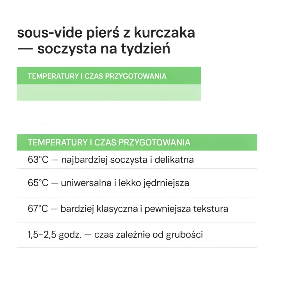 Infografika z temperaturą i czasem dla piersi z kurczaka sous-vide oraz wariantami soczystości.