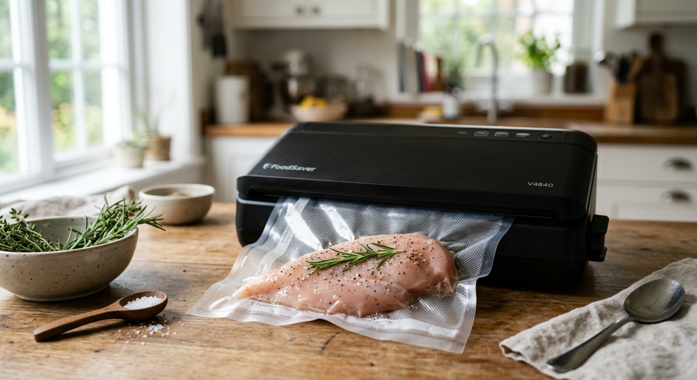 Pierś z kurczaka pakowana próżniowo do worka sous-vide przed gotowaniem.