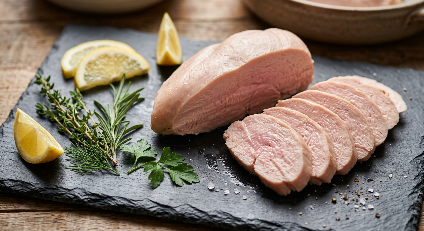 Soczysta pierś z kurczaka sous-vide pokrojona w plastry na ciemnej desce, z delikatnym ziołowym dodatkiem.
