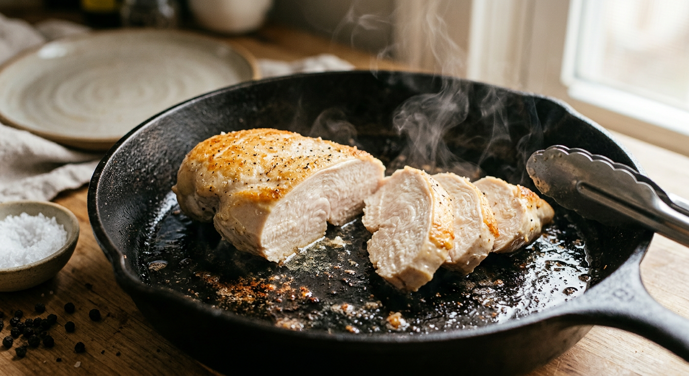 Plastry piersi z kurczaka sous-vide po krótkim obsmażeniu z lekką złotą skórką i parą.