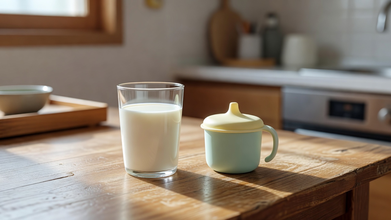 glass of milk and a small baby cup on a wooden kitchen table with soft natural light