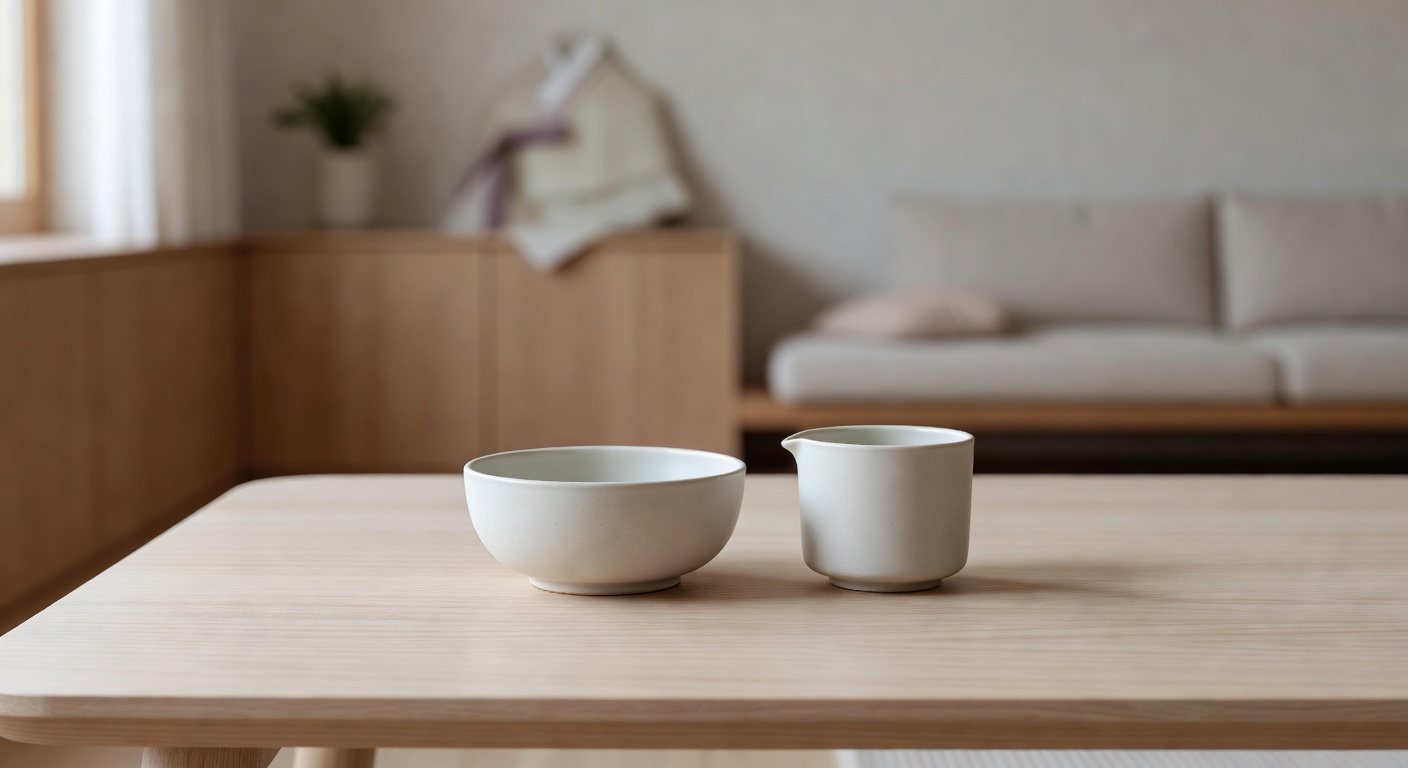 small toddler bowl and cup set on a light-colored table with soft background