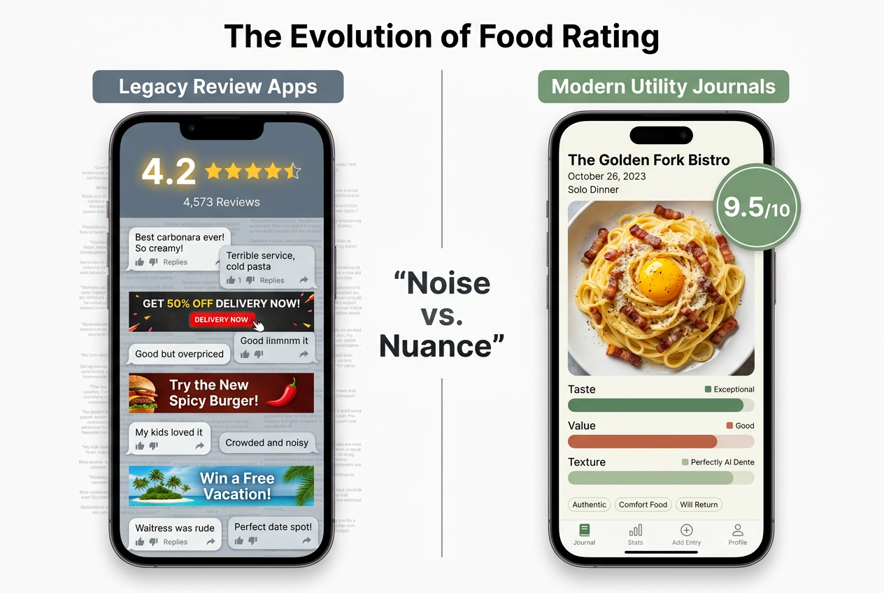 Comparison of a cluttered public restaurant review app versus a clean, dish-specific personal food journal interface with 9.5 rating.